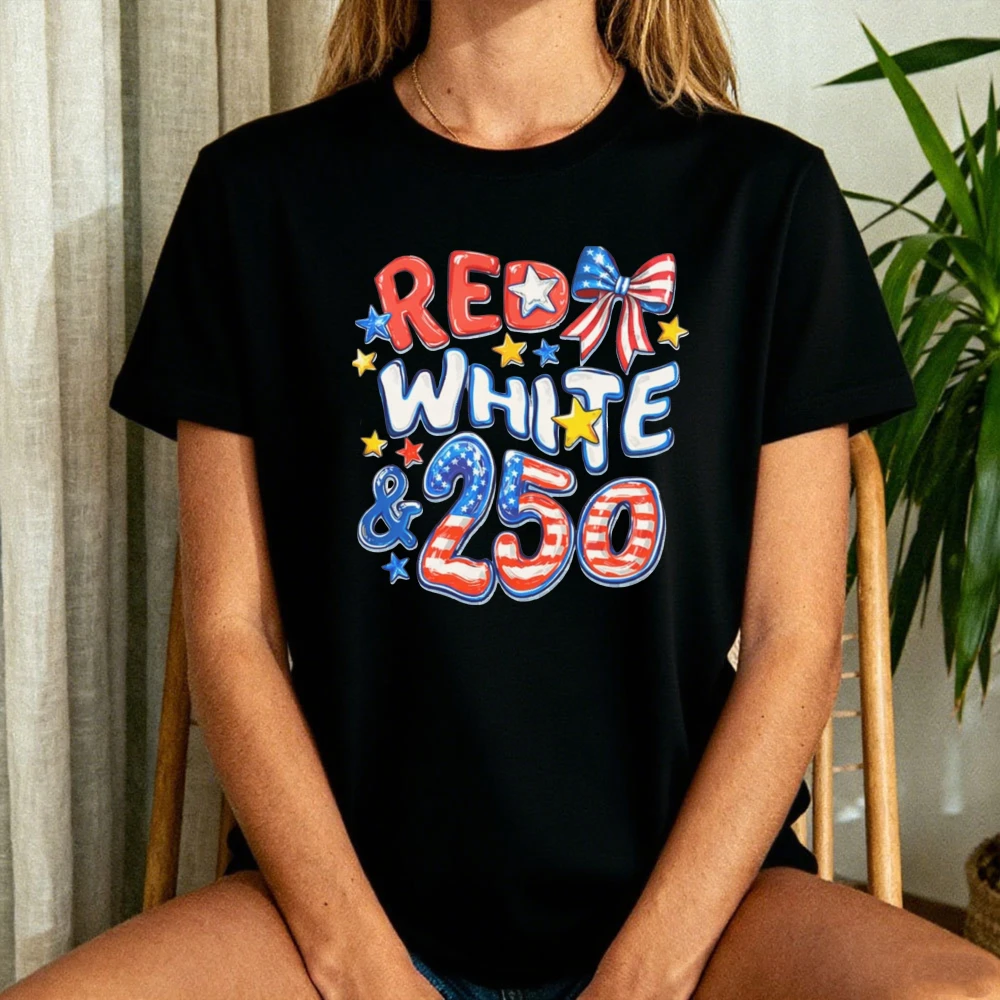 

Red White 250 Anniversary Shirt Coquette Bow Preppy Patriotic Tee 250 Years 4th of July Gift Tshirt Women Fashion Summer Tops