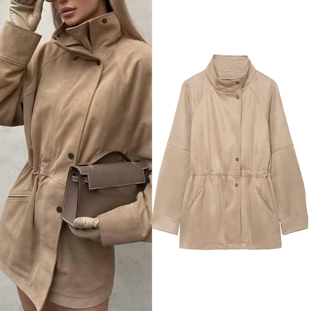 

Новая женская свободная замшевая кожаная куртка с высоким воротником в стиле ретро, однобортная куртка с затянутой талией, женское пальто с длинными рукавами, шикарный топ