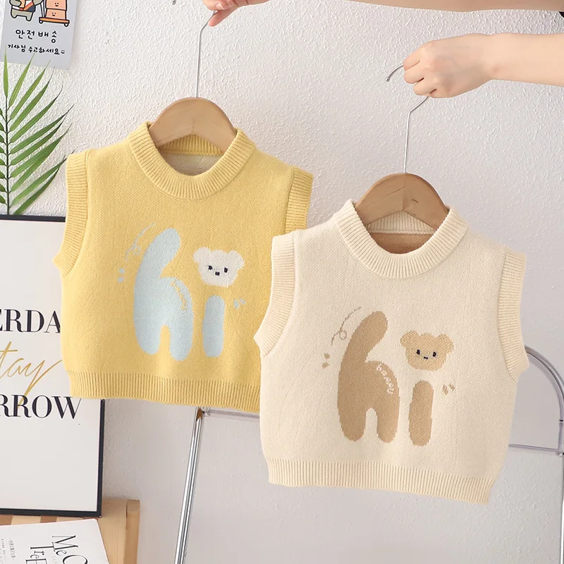 Childen Girls Knitted Vest UNITIM Autumn Bear Jacquard Infant Babys Girls Knitwear Round Collar 1-6Yrs Girls Sleeveless Sweater