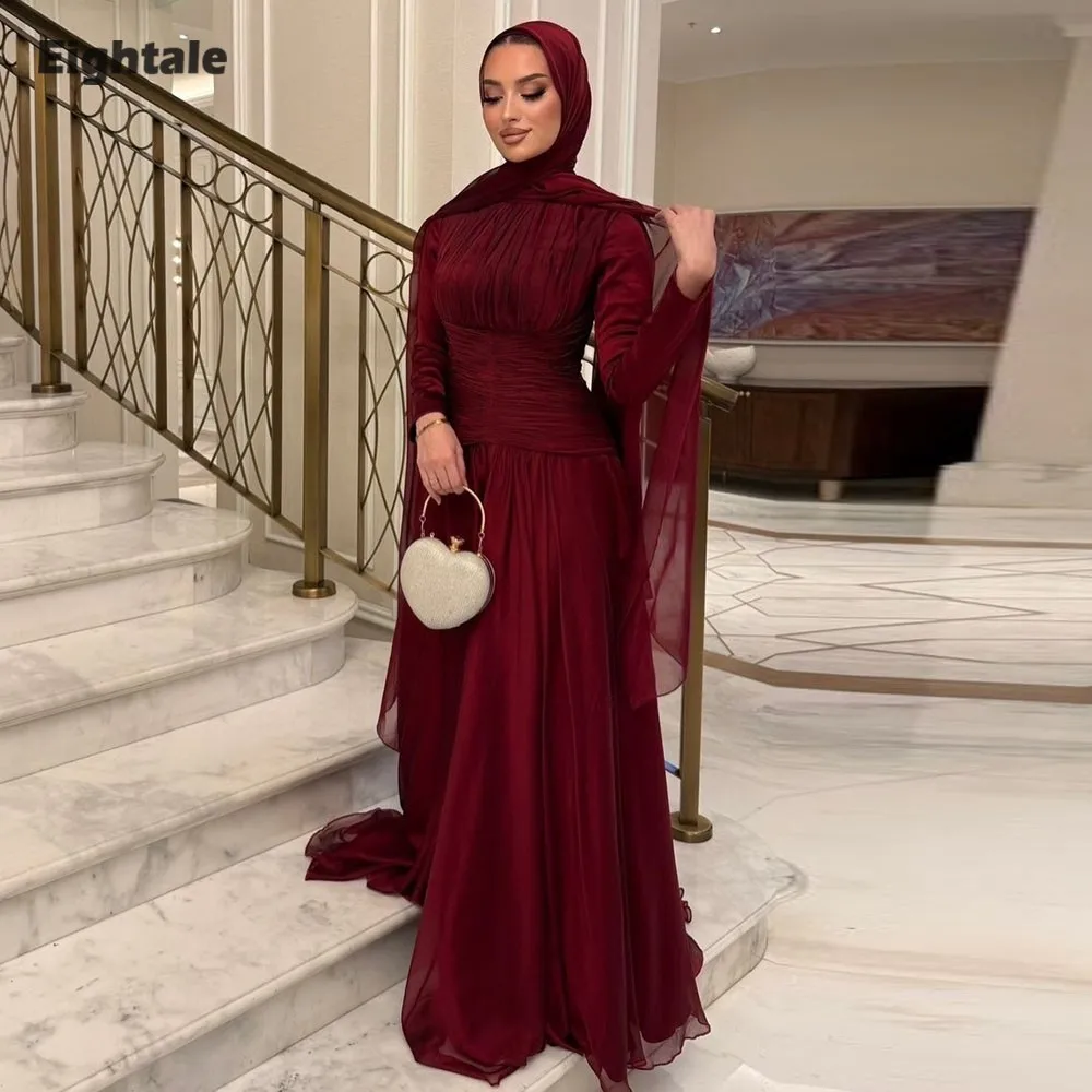 

Eightale Evening Dresses O-Neck Pleats Floor Length Customized Crepe Long Sleeves Prom Party Gown vestido de fiesta