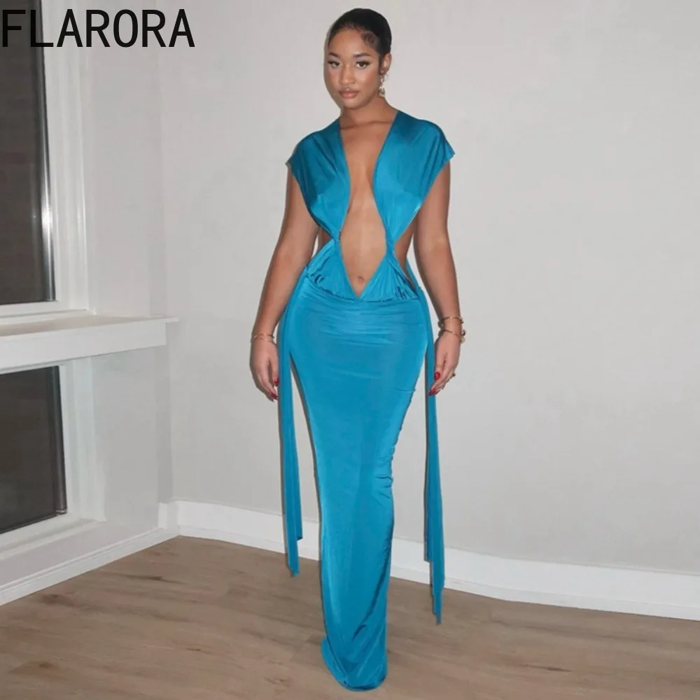 

FLARORA Sexy Hollow Backless Dress Woman Deep V-Neck Sleeveless Ribbon Peach Hip Ruched Split Dresses Evening Party Clubwear