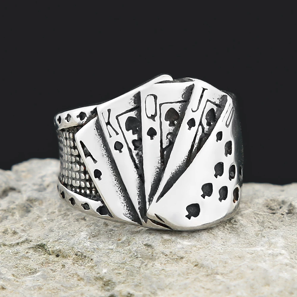 Vintage Stainless Steel Lucky Poker Rings For Men Women Hip Hop Biker Playing Card Finger Ring Fashion Party Jewelry Accessories