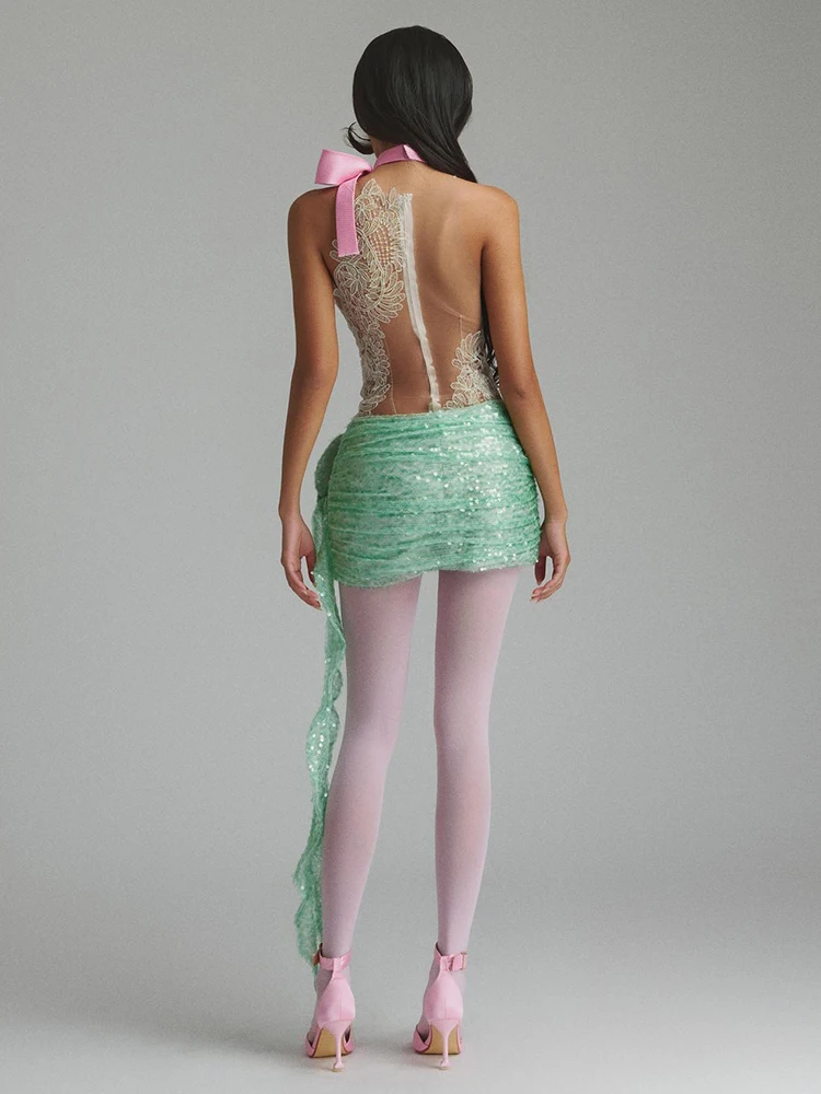 VC Sheer Mesh Floral Embroidered Sequined Draped Mini Dress – Women’s Avant-Garde Mesh Dress with Petal Design