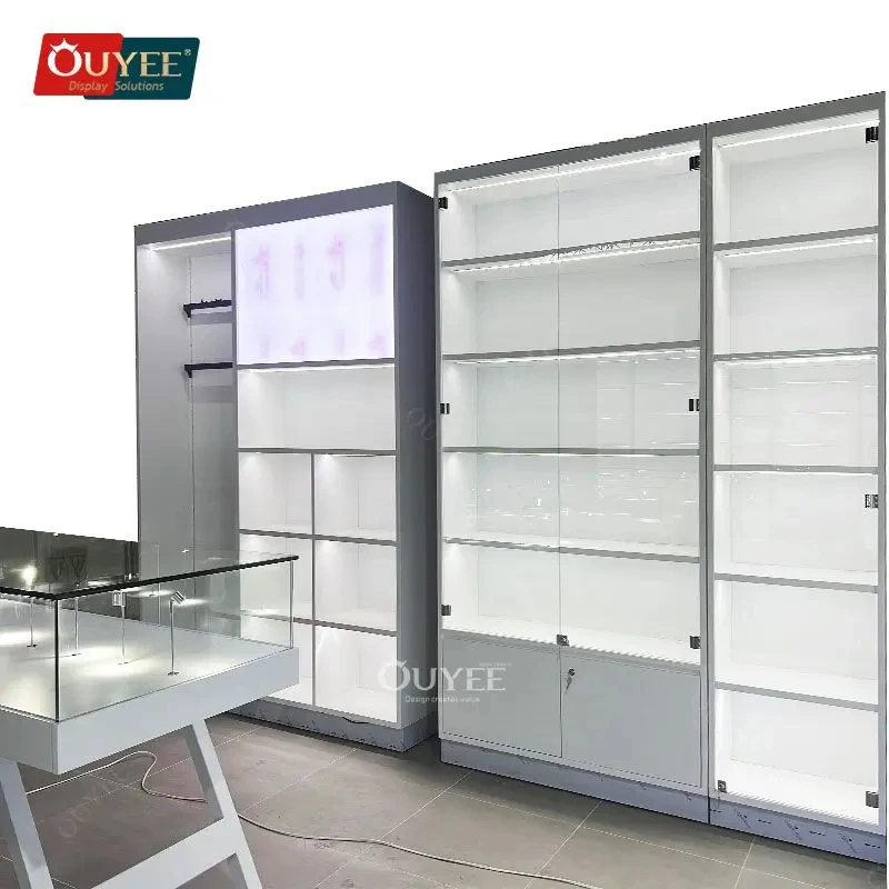 custom.Shop Furniture Wood Displays Glass Vitrine Under Counter Cabinet Led Light Glass Smoke Display Rac