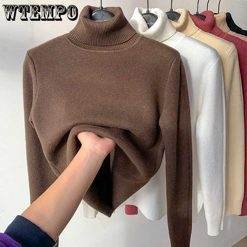 WTEMPO Winter Autumn Fleece Knitted Fleece Lined Sweaters Women\'s Long Sleeve Turtleneck Jumper Soft Loose Fit Pullover Knitwear