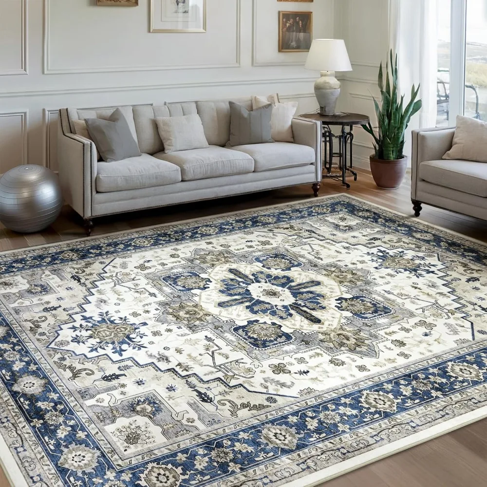 

Area Rugs for Living Room 8x10 - Large Machine Washable Vintage Oriental Soft Rugs, Low Pile Thin Floor Carpet with Non Slip Bac