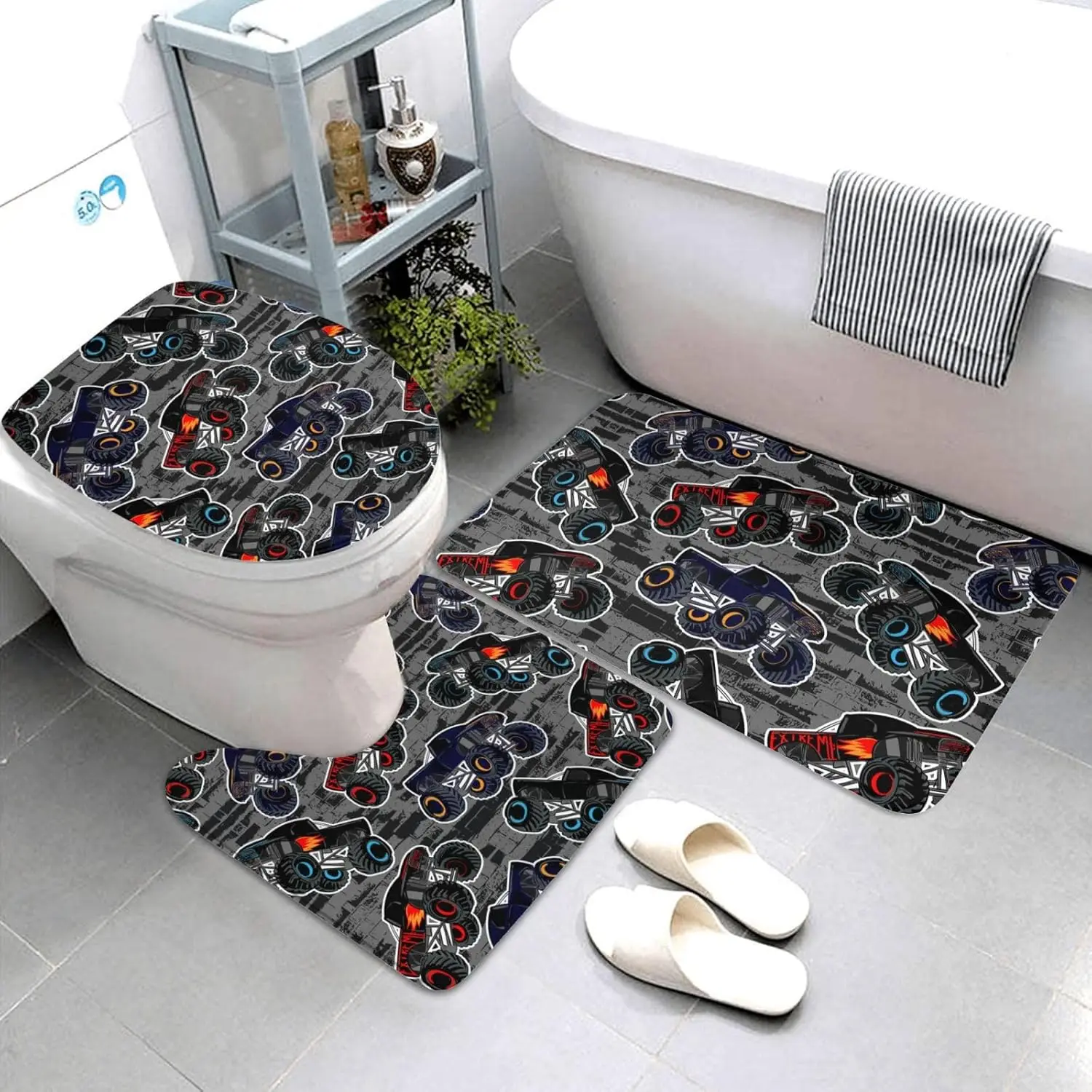 Monster Truck Bath Mat Set – Boys' Vehicle 3-Piece Rug for Bathroom, Toilet Lid Cover & U-Shaped Pad, Non-Slip Washable
