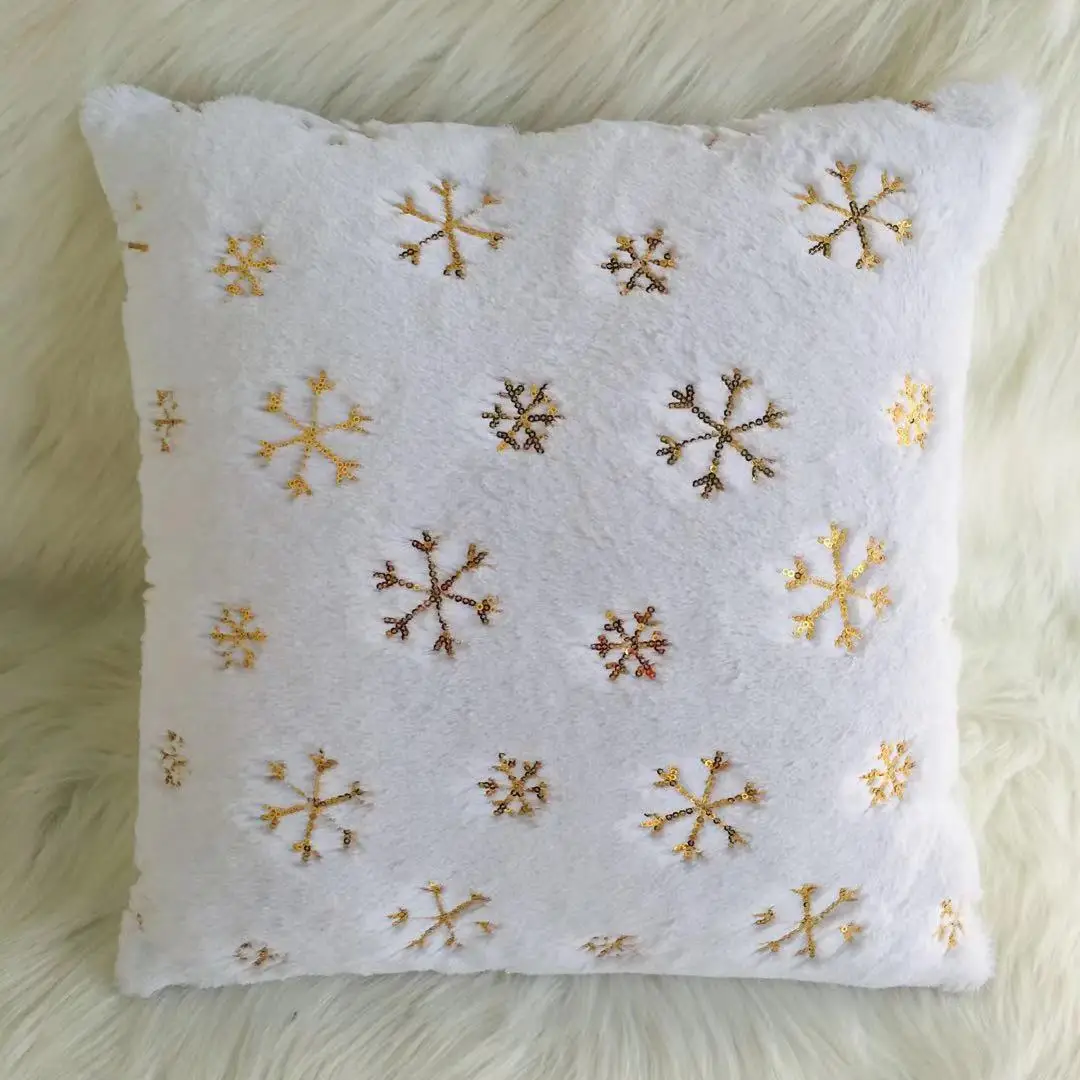Christmas Decoration Silver Sequin Snowflake Cushion Cover Single Side Plush Gold Sequin Embroidered Xmas Tree  Pillow Cover