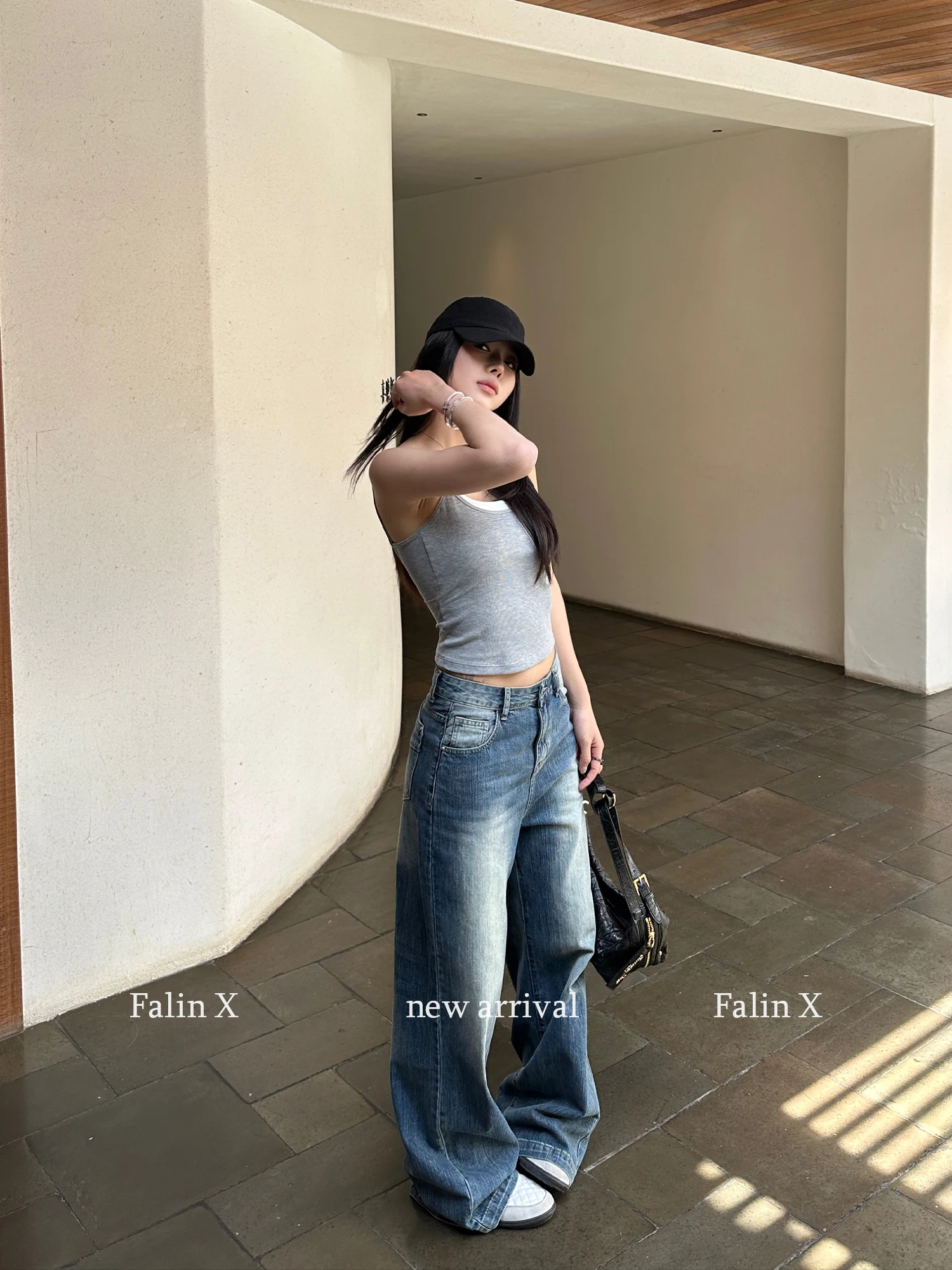 

Falin X Vintage Washed Distressed Low Waist Wide Leg Jeans Women's Loose Straight Cut Spring Long Trousers Casual Denim