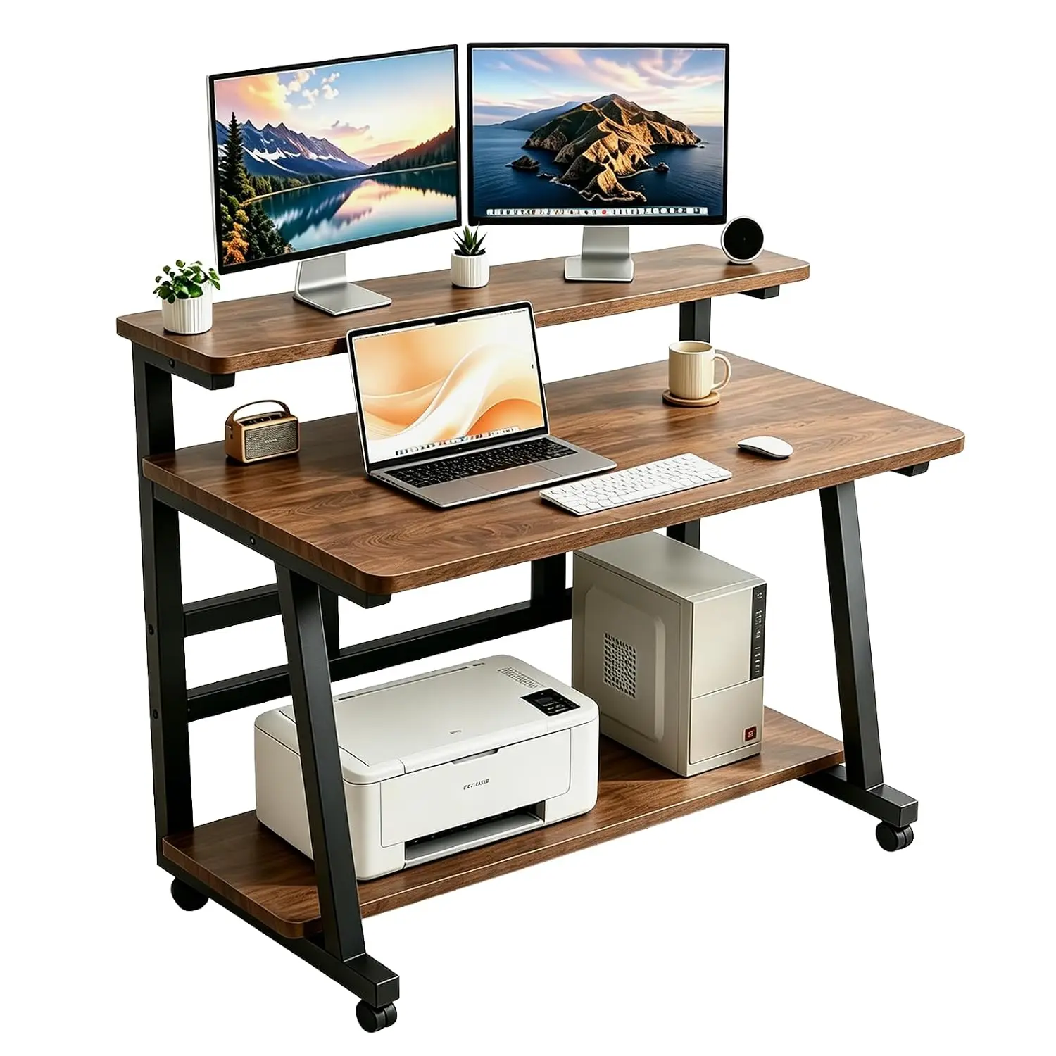 31.5 Inch Compact Rolling Computer Desk with Tier Worktable & Lockable Wheels, Small Computer Desk, Small Desk, Customized