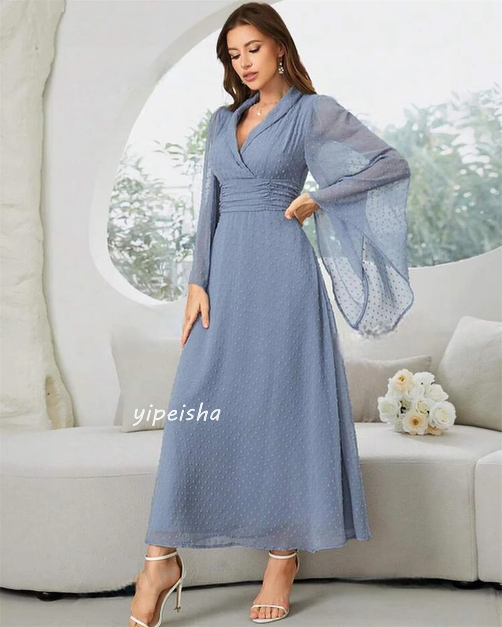 Robe de soirée en mousseline de soie, tenue de soirée, drapée, plissée, à volants, ligne A, col en V, sur mesure, Arabie Saoudite