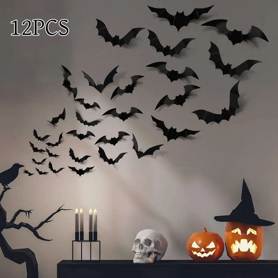 Halloween 3D Black Bat Wall Stickers For Home Room Indoor Decoration Scary Props Kids Party Favors Wall Decals Window Sticker