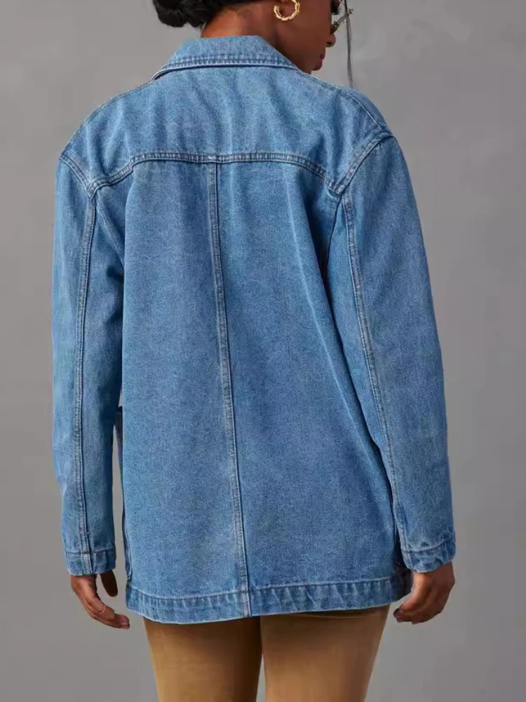 2024 Spring Autumn New Vintage Blue Denim Jacket for Women Turn-down Collar Solid Color Jackets Coat Ladies High Quality Top