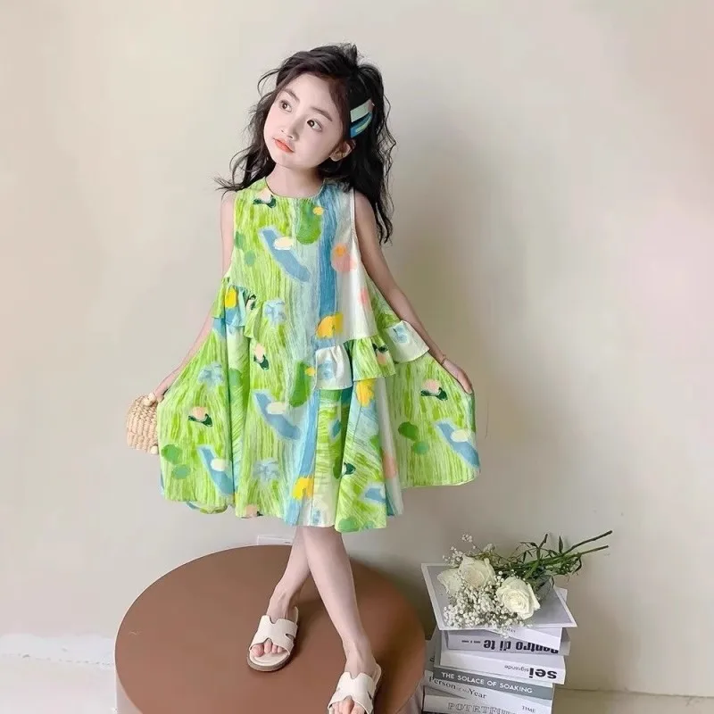 

Girls' printed fresh-style dress, summer fashion beach vacation dress, children's colorful oil painting sleeveless tank dress