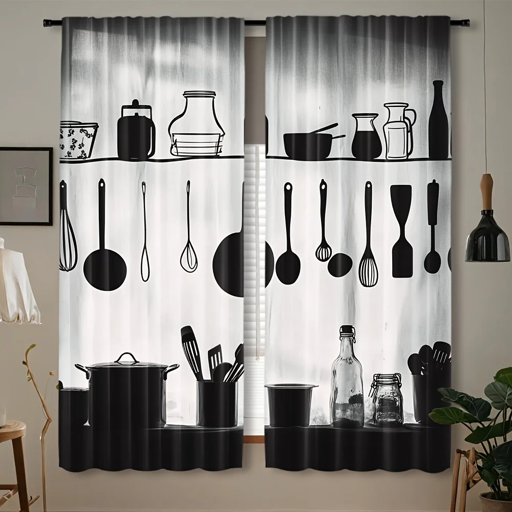 Modern Kitchen Utensils Silhouette Curtains Window Treatment Bistro Style Cooking Decor Home Accent Fabric Curtain Panel