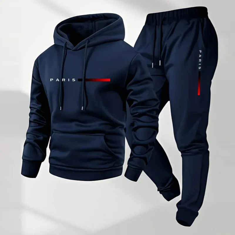 Men Autumn Winter Tracksuit Hooded Sweatshirt Drawstring Cuffed Jogger Pants Casual Sport 2 Piece Streetwear Gym Set