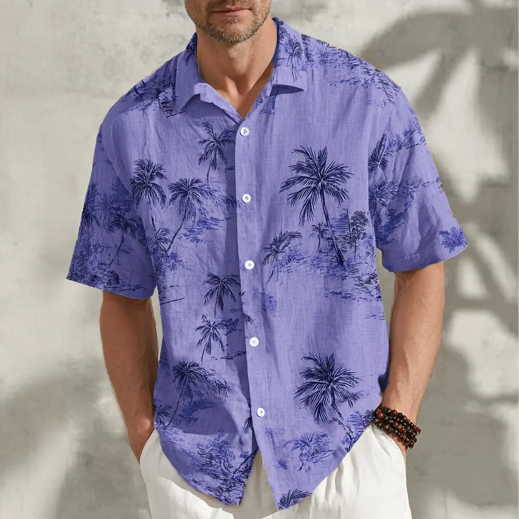 

Men's Turndown Short Sleeve Coconut Palm Tropical 3D Print Shirt, Aloha Hawaiian Beach Casual Vacation Tops Spring Summer