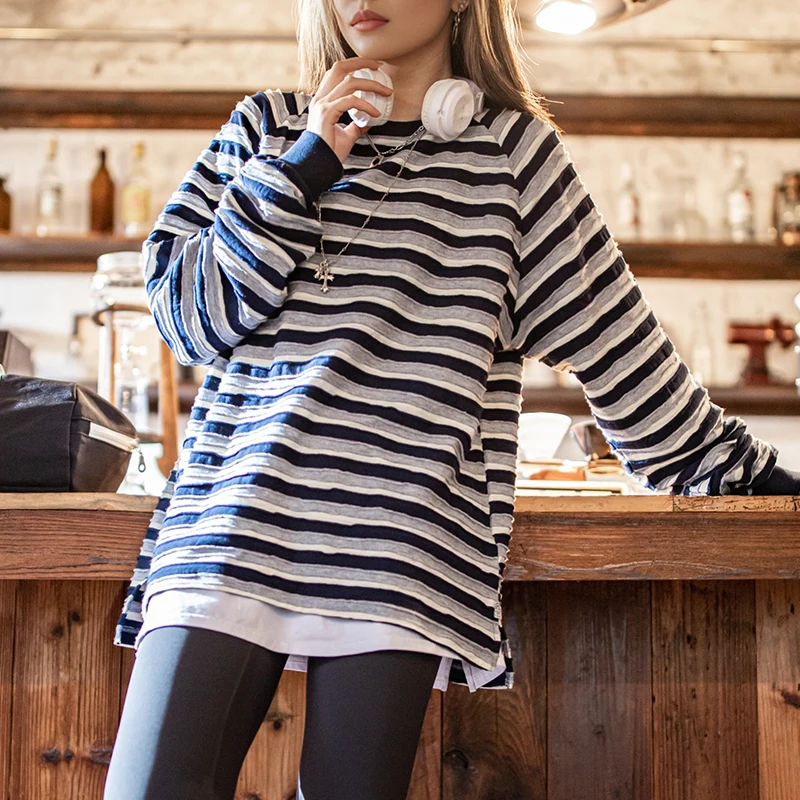 

Maden Women's Autumn Winter Cotton Stripe Long Sleeve T-shirt Undershirt Oversize Style Raglan Sleeve Overlay Top Pullover