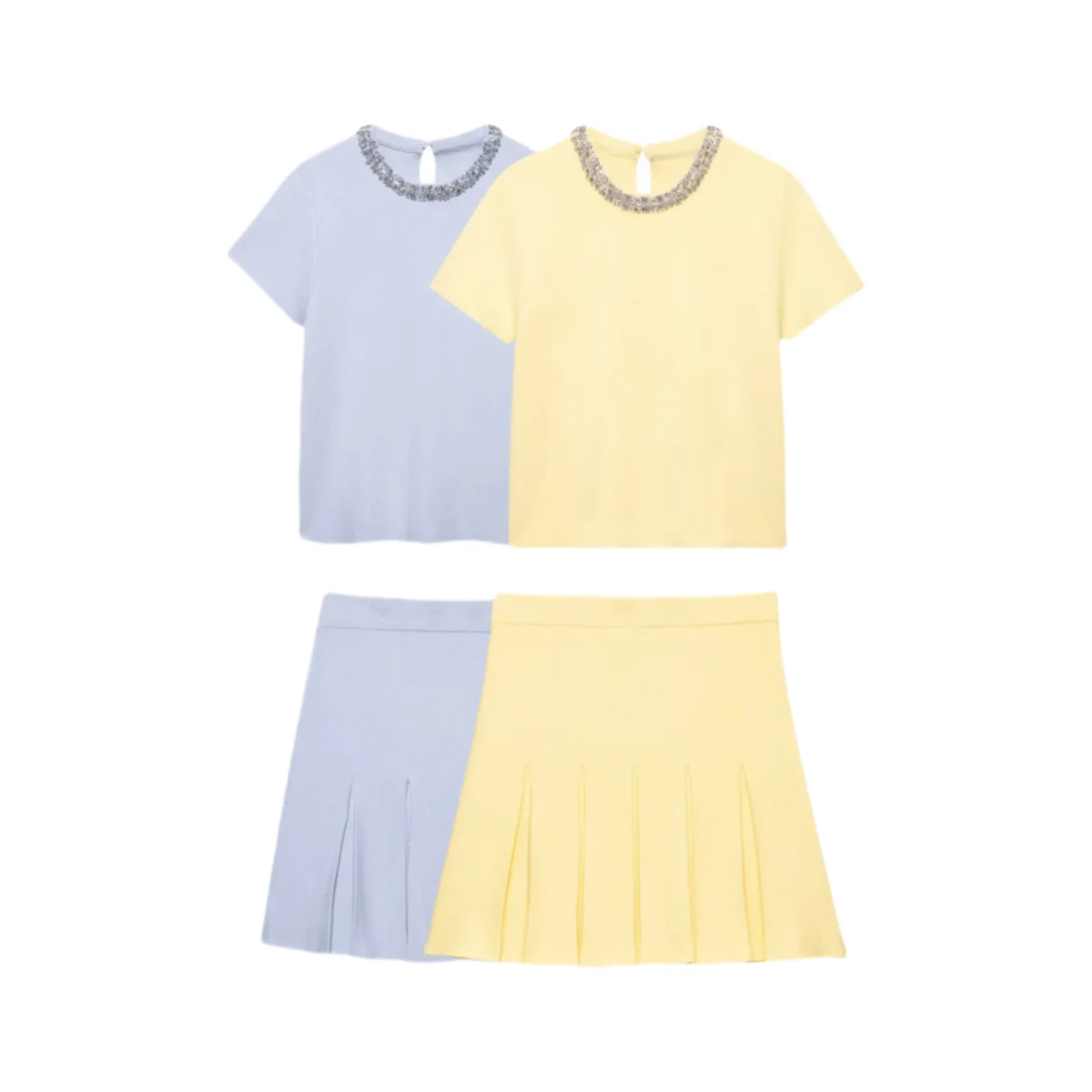 

MYST&ZA2025 Summer New Women's Casual Fashion Jewelry Decorated Short Sleeve Round Neck Knit Top + Elastic Mini Skirt