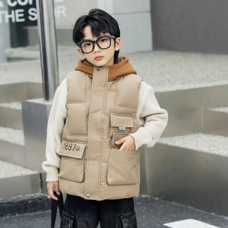 Boys' Winter Hooded Vest Thickened Cotton Outdoor Stylish Design Kids Ages 6-12
