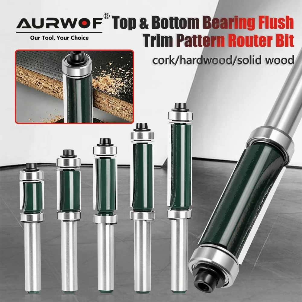 AURWOF 8mm Shank Top & Bottom Bearing Flush Trim Router Bit, Carbide Wood Template Milling Cutter For Edge Trimming 13mm-38mm