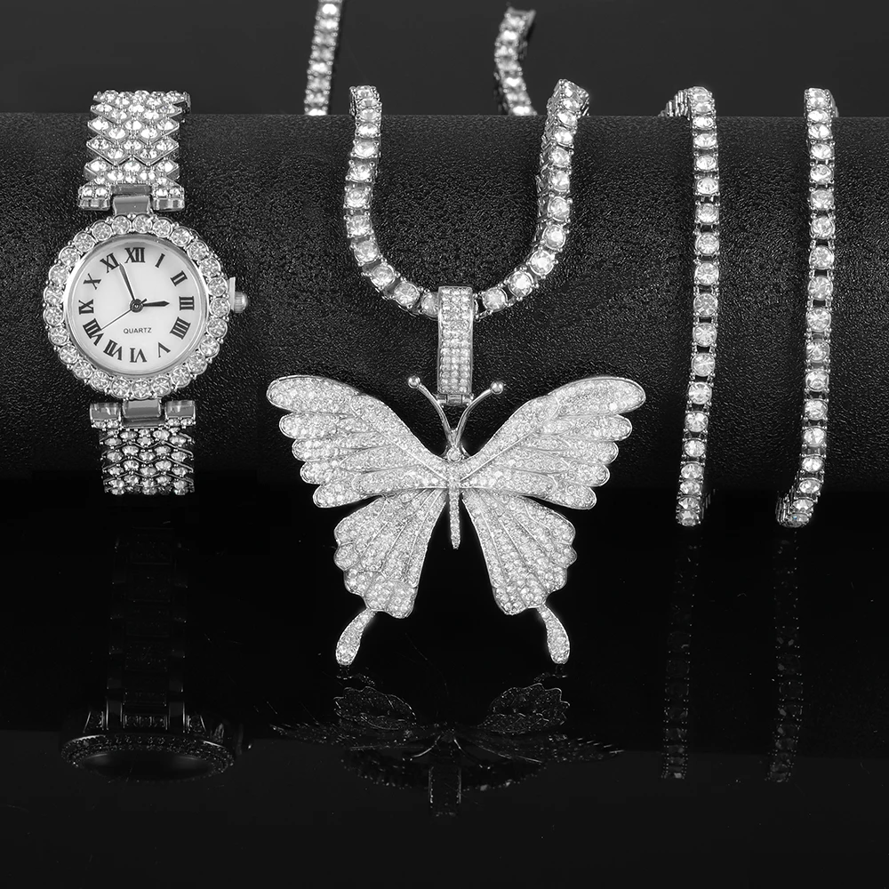 Elegante Set di orologi da donna Hip-hop Punk intarsiato con diamanti e collana con ciondolo a farfalla catena da Tennis in argento regalo di gioielli di lusso