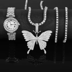 Stylish Women Watch Set Hip-hop Punk Inlaid Diamond Watch&Butterfly Pendant Necklace Silver Tennis Chain Luxury Jewelry Gift