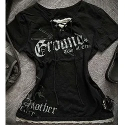 Summer New American Vintage Subculture Short Sleeve T-shirt Punk Gothic Rock Black Lace Tops for Women Harajuku Goth Grunge Tees