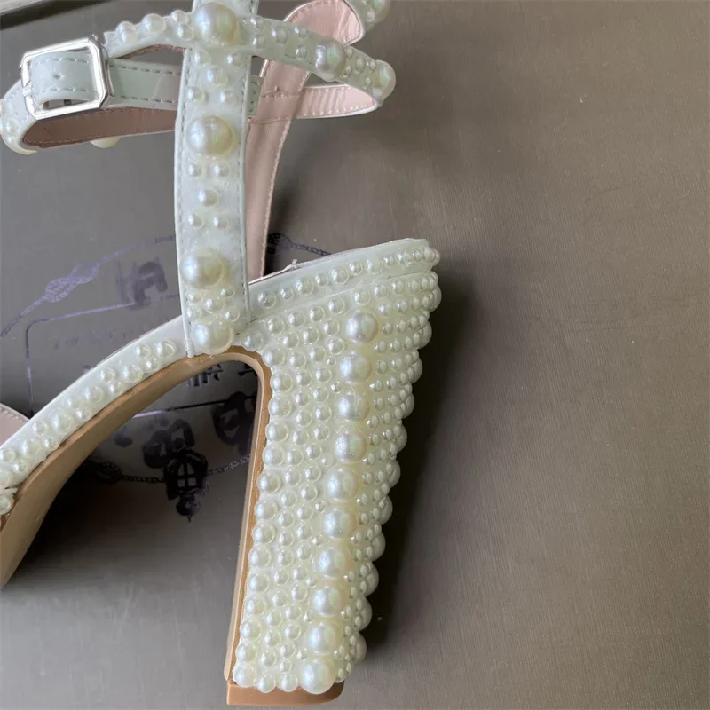 Fully Handmade Pearl Thick Heeled Fish Mouth Sandals Wedding Bride Banquet Fashion Waterproof Platform High Heel Women\'s Shoes