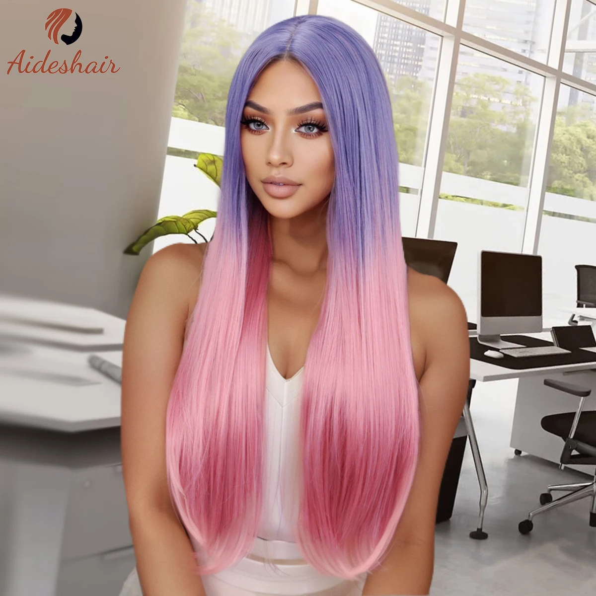 

Длинный прямой парик с розовыми бликами и лавандовым париком для женщин с термостойким волокном, синтетический парик для повседневного косплея