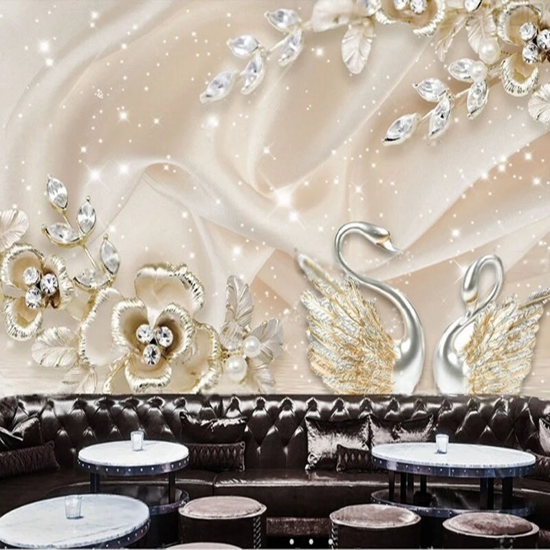 

Modern creative three-dimensional beautiful swan flower jewelry TV luxurious home decoration bedroom carved background wall