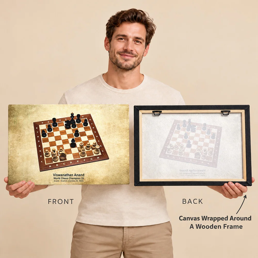 Viswanathan Anand Chess Champion Gallery Wrapped Canvas Print Customized Photo Vintage Annotated Board Wall Art For Game Room