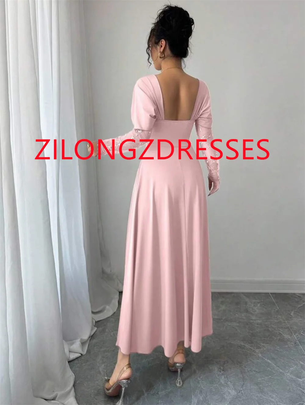 Customized Modern Pink Jersey Evening Dress Exquisite Strapless Off the Shoulder Long Sleeves Backless Open Back Celebrity Gowns