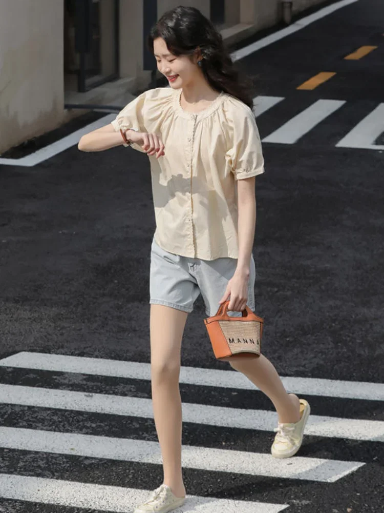 

Рубашки женские с пышными рукавами повседневные девичьи милые студенческие простые кружевные дизайнерские свободные летние универсальные с круглым вырезом в корейском стиле удобные