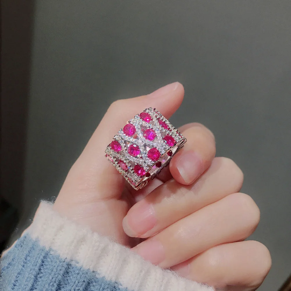 Luxury High Quality Silver Color Artificial Sapphire/Ruby 16mm Wide Rings for Women Retro Banquet Party Jewelry Anniversary Gift