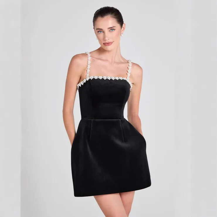 

Sexy Short Pearl Strap Wrap Dress Tight Waist A-Line Skirt High Waist Spring Fashion Citywalk No Brand Polyester Fabric
