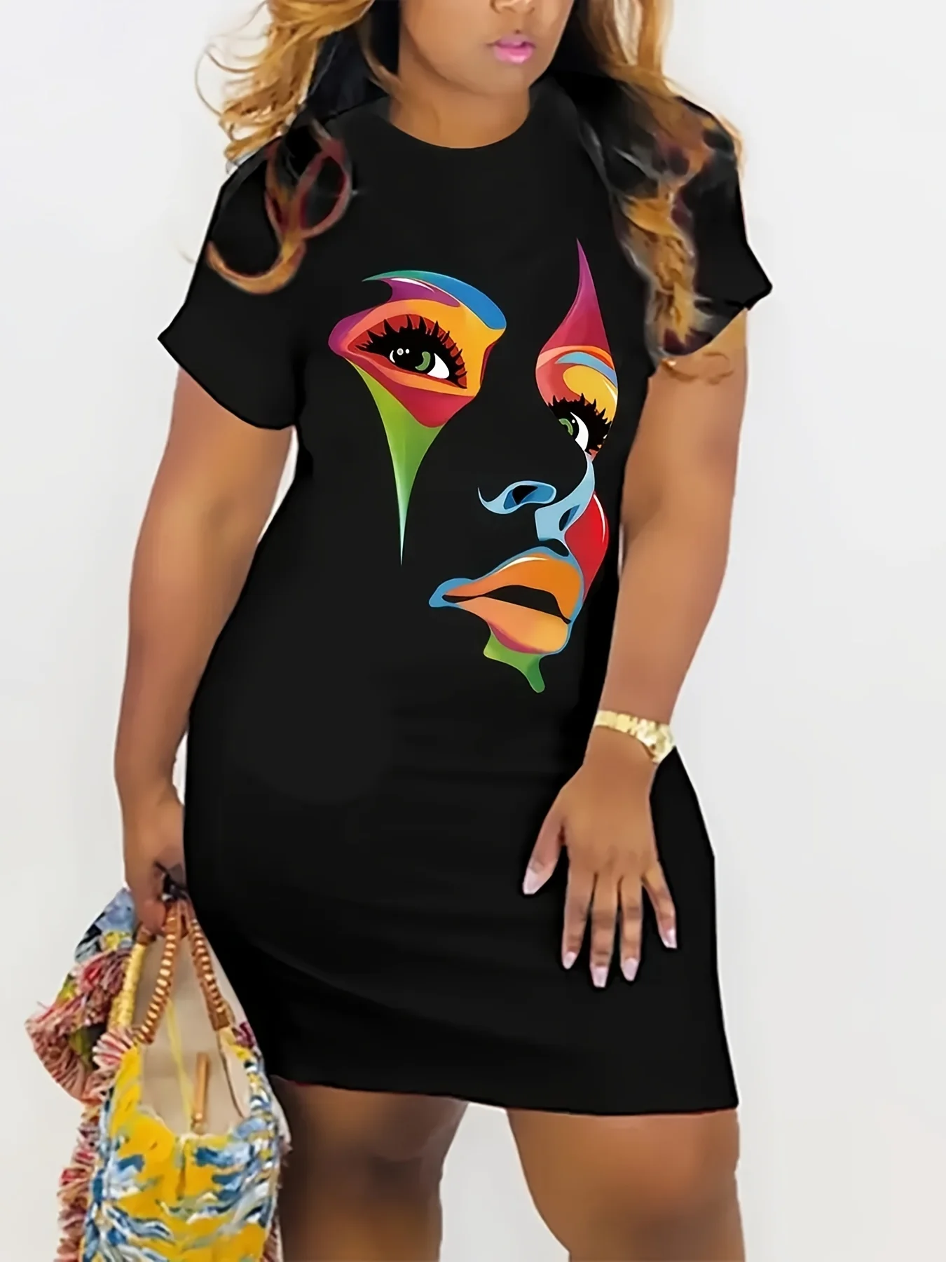 Women's Summer Casual Abstract Portrait Print Loose Large Round Neck Short Sleeve T-shirt Dress