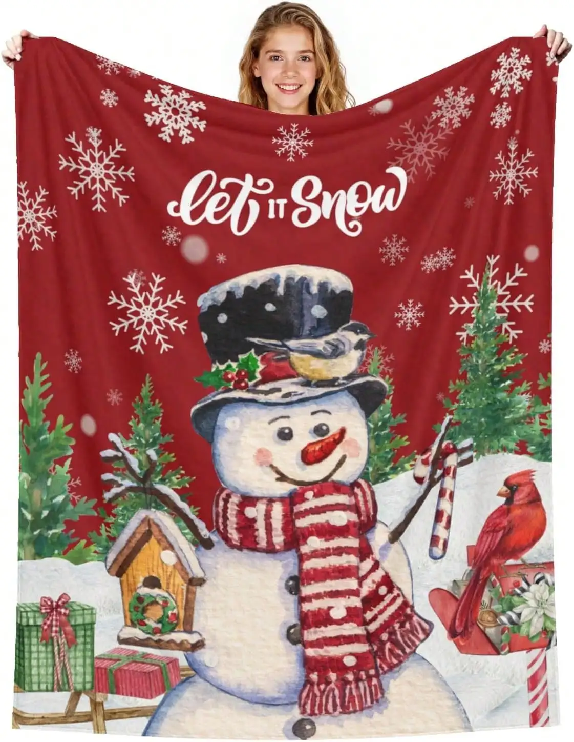 Winter Snowman Throw Blanket Red Bird Berry Lightweight Bed Blankets Soft Flannel Couch Cover For Chair Bedding Living Room 50