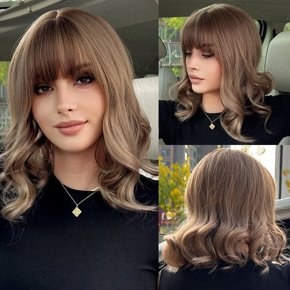 Women's Short Wavy Bob Synthetic Wig with Bangs, Brown