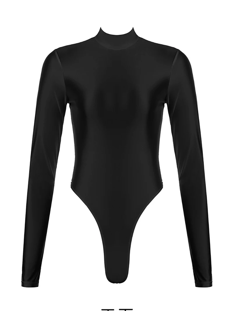 Women Long Sleeve Tight Glossy Dance High Cut T-Back Zipper Bodysuit Yoga Shaped Rhythmic Gymnastic Leotard Swimsuit Dancewear