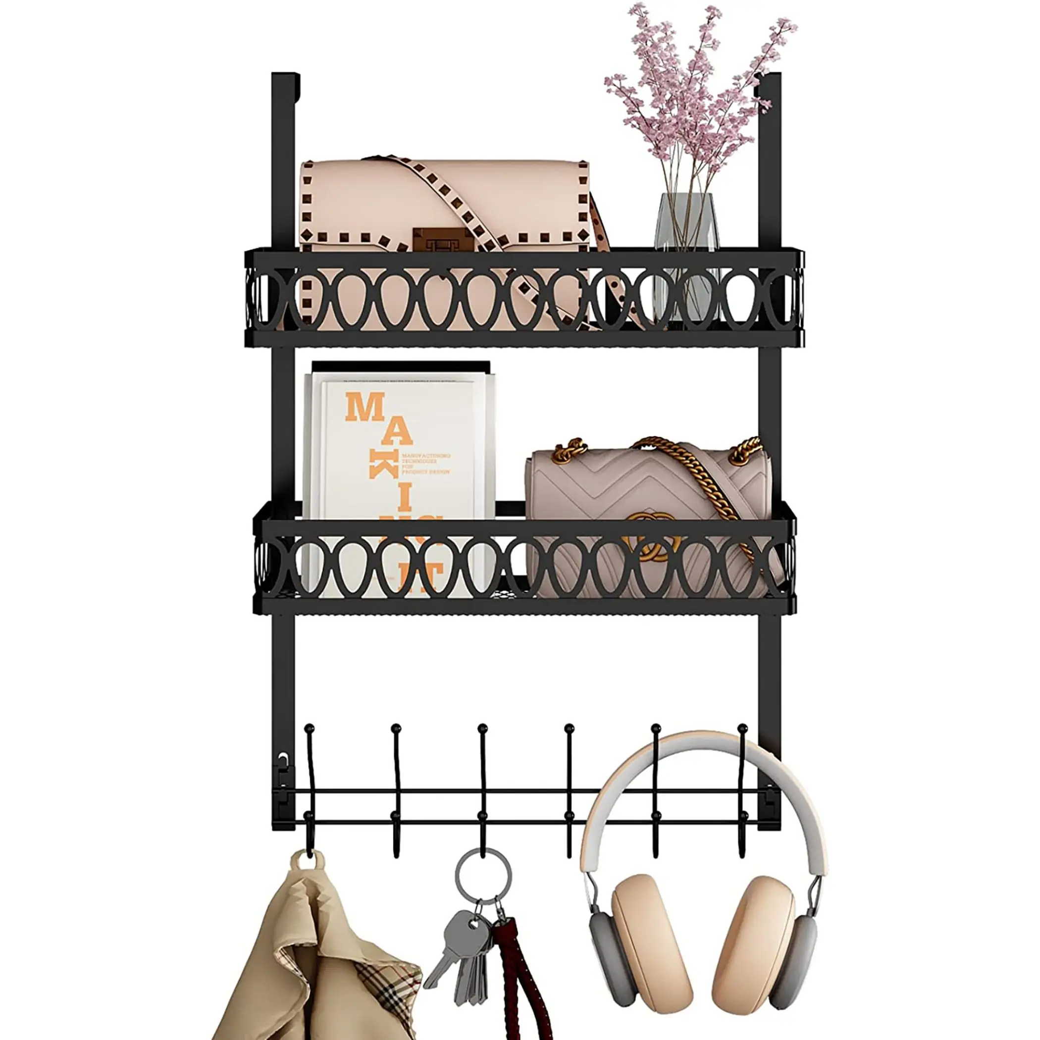 

Hooks On The Door To Hang Clothes, Towel Rack On The Door With 2 Baskets, Coat Rack On The Door Bathroom Organizer, Black