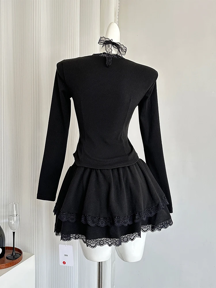 Women's Black Lace A-line Bow Luxury Dress Vintage Long Sleeve Mini Dresses Y2k Elegant One Piece Frocks Emo 2000s Clothes 2024