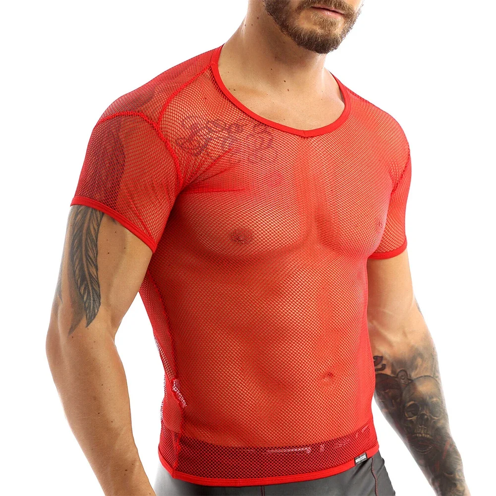 Mens Sexy See Through Tank Vest Mesh Breathable Shirt Fishnet T-Shirt Muscle Crop Top Night Clubwear Party Top Stage Performance