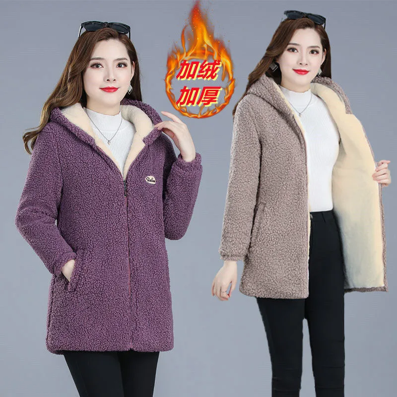 

New Middle-Aged Womens Wool Coat Fashion Winter Jacket Female Loose Hooded Overcoat Granular Cashmere Cotton Lamb Cashmere Coat