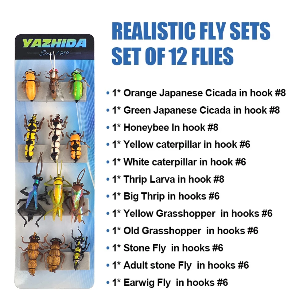 Fishing Tool Fly Fishing Set Realistic Bumblebee Grasshopper and Other Insect Combination Fish Bait, Fishing for Trout, Sea Bass