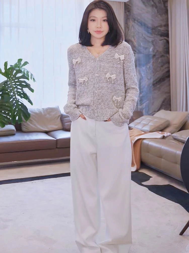 

Faionable Wool Blend Sweater with Pearl Knot Girls Sle MESA0879 Long Sve V Ne mid Length Open Cardigan