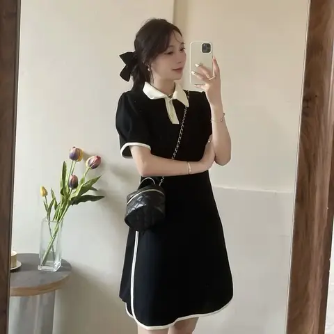 여성 미디 블랙 루즈핏 원피스 반팔 한국 스타일 우아하고 예쁜 고품질 명품 2025 패션 케이팝