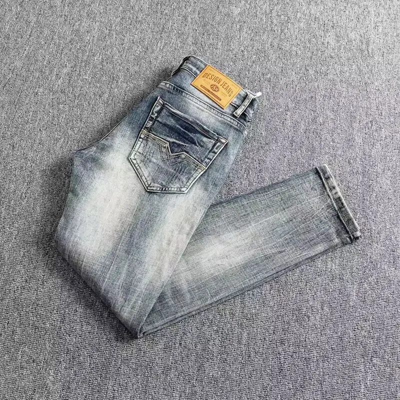 Newly Fashion Men Jeans High Quality Retro Blue Embroidery Designer Slim Fit Ripped Jeans Men Stretch Vintage Denim Pants Hombre