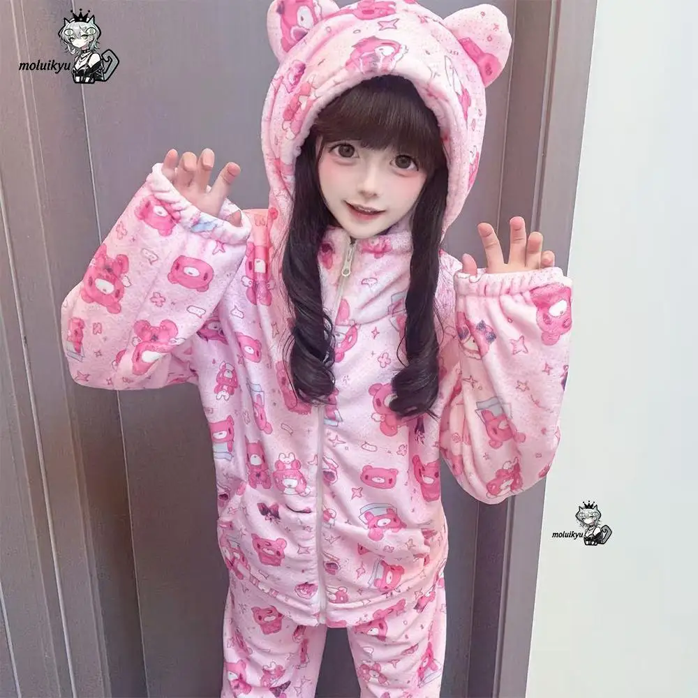 Women Flannel Pajamas Set Y2K Dark Kawaii Hooded Sleepwear Cute Bear Ear Zip Up Long Sleeve Pants Harajuku Anime Home Outfit