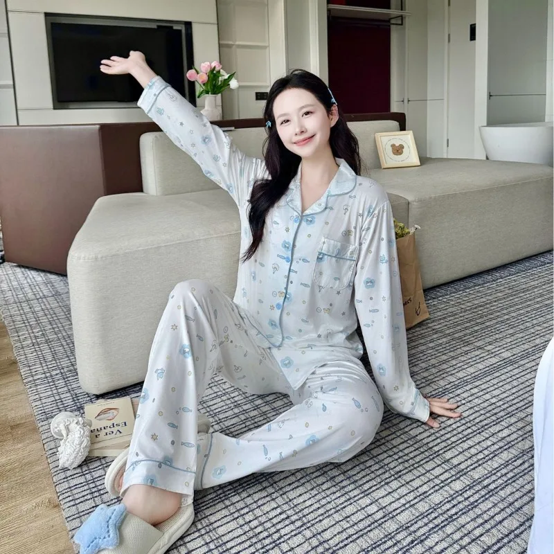Long-Sleeved Pyjamas Set for Women, Lapel Neck, Buttoned Cloth, Casual Sleepwear, Spring and Fall Cardigan, Homewear with Button